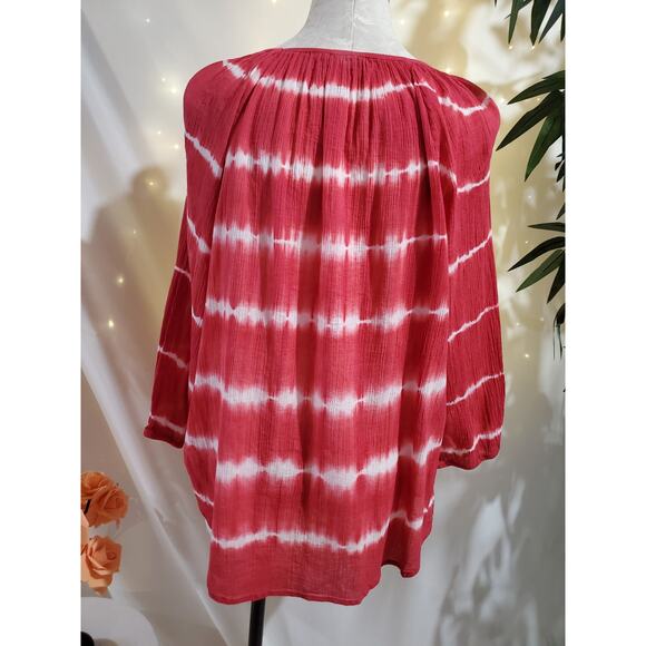 Ralph Lauren Chaps Tie Dye Stripe V-Neck 3/4 Sleeve Henley Blouse Size XL Pink - Picture 3 of 9